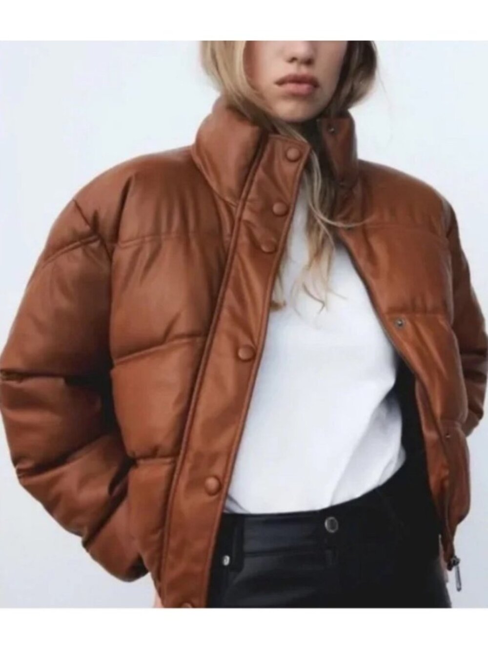 Zara Coat Size XS Oversized Cognac Brown Faux Leather Puffer Snap Jacket